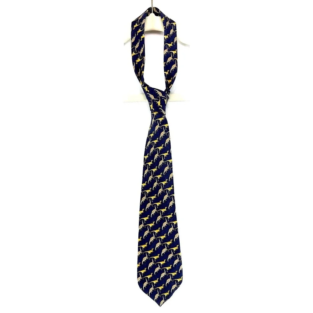Brooks Brothers Pure Silk Dinosaur Necktie Navy Gold Preppy Novelty Old Money‎